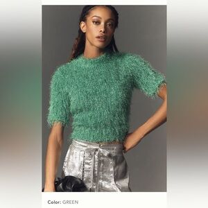 NWT new Anthropologie endless rose short sleeve feather knit sweater green XS
